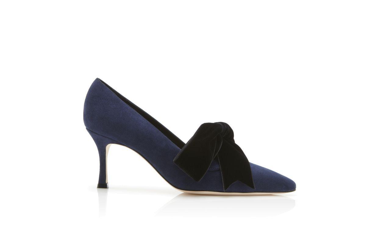 SERBA Navy Blue Suede and Velvet Bow Detail Pumps  Product Image