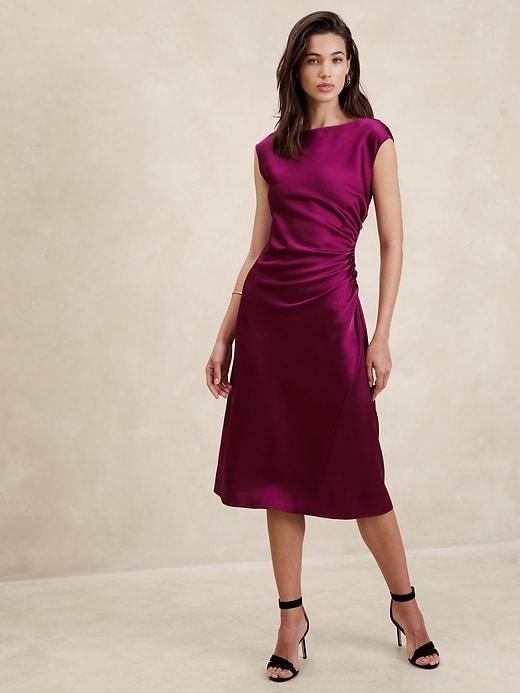 Shirred-Side Satin Midi Dress Product Image