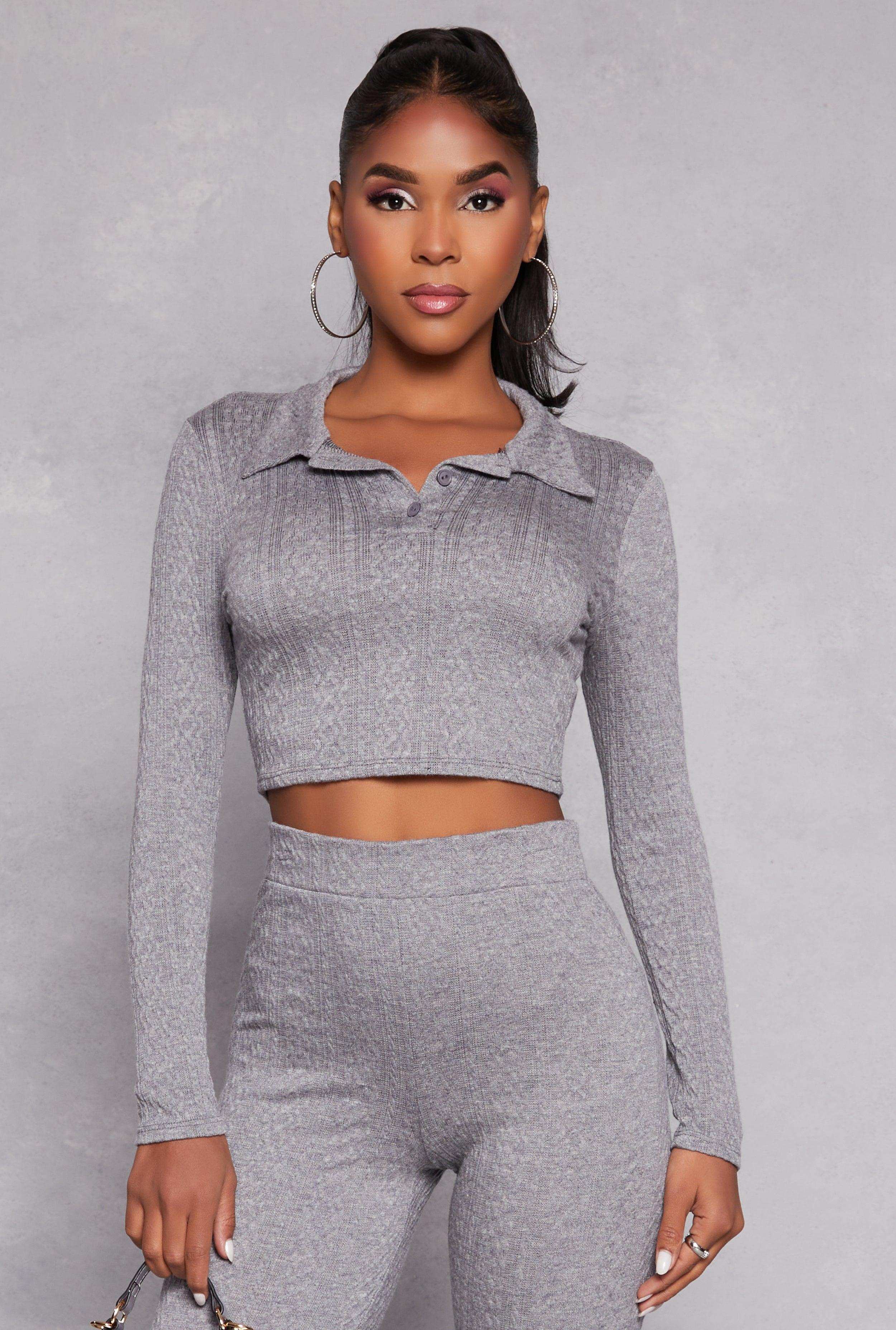 Womens Textured Knit Long Sleeve Crop Top product image