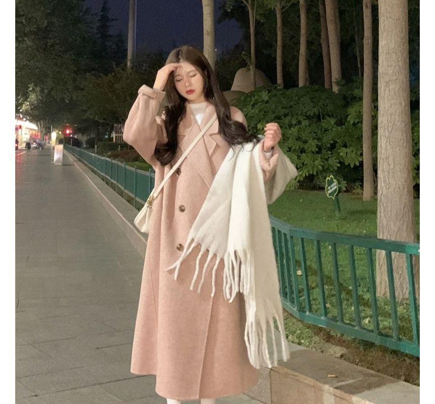 Notch Lapel Plain Midi Double Breasted Coat Product Image