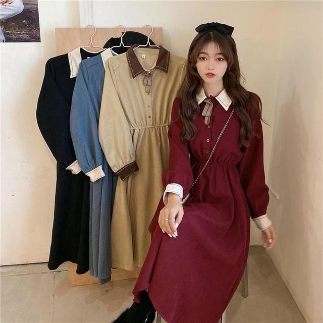 Long-Sleeve Plain Midi A-Line Shirt Dress Product Image