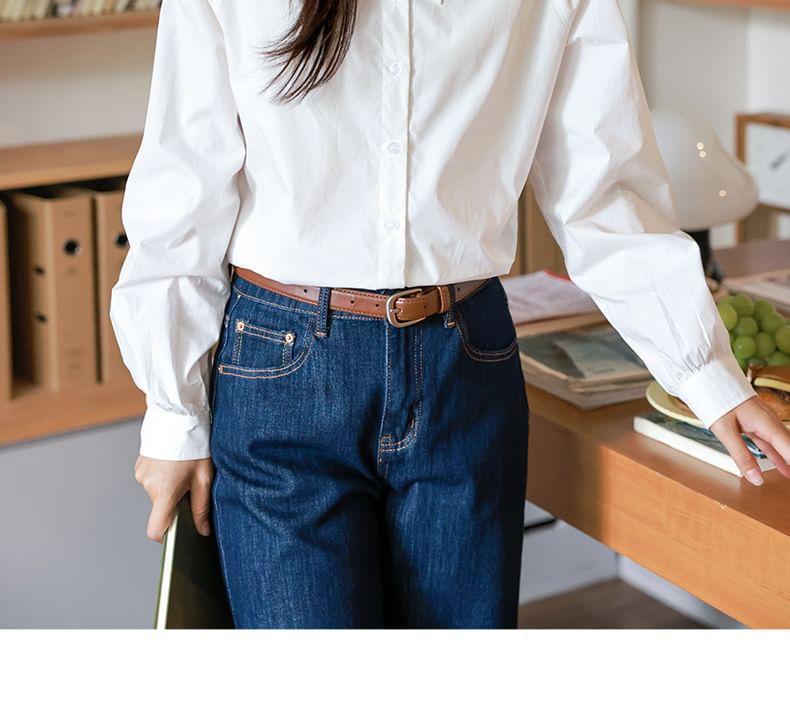 Long-Sleeve Collared Plain Button-Up Blouse Product Image