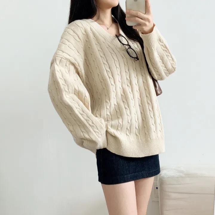 V-Neck Plain Cable-Knit Sweater Product Image