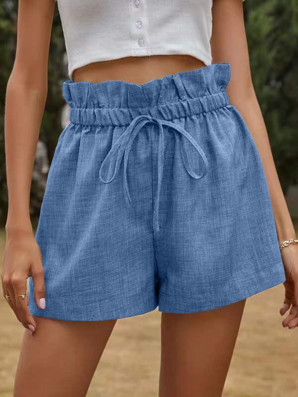 High Waisted Loose Drawstring Elasticity Pleated Solid Color Shorts Bottoms Product Image