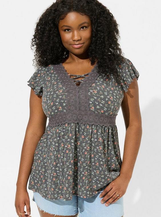 Textured Jersey V-Neck Lace-Up Babydoll Product Image