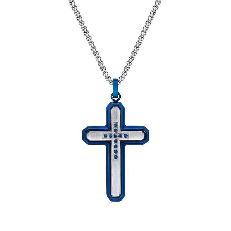 Mens LYNX Blue Stainless Steel Cubic Zirconia Cross Pendant Necklace Multicolor Product Image