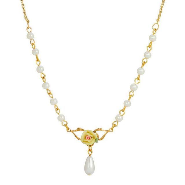 1928 Gold Tone Simulated Pearl Porcelain Rose Y-Necklace, Womens, Yellow Product Image