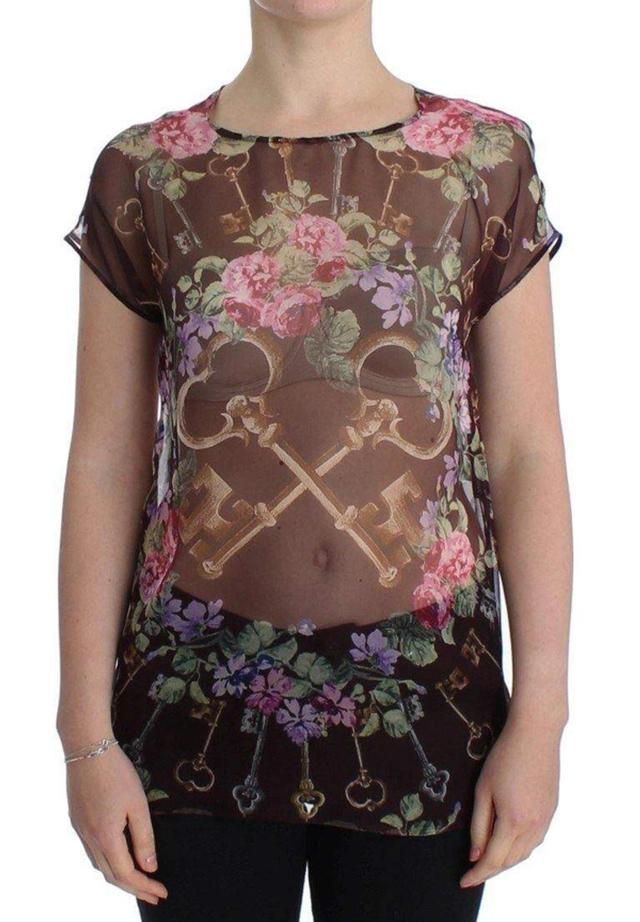 DOLCE & GABBANA Black Key Floral Print Silk Blouse T-shirt Product Image