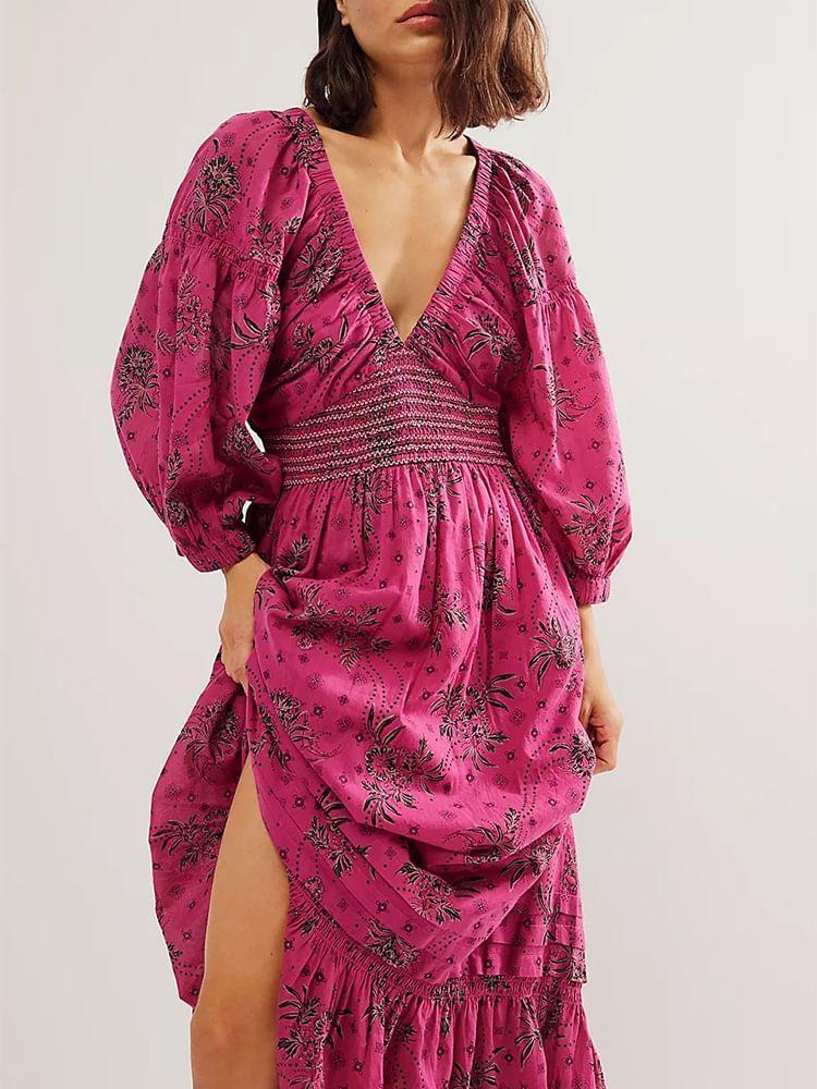 Puff-Sleeve V-Neck Floral Print Maxi A-Line Dress Product Image