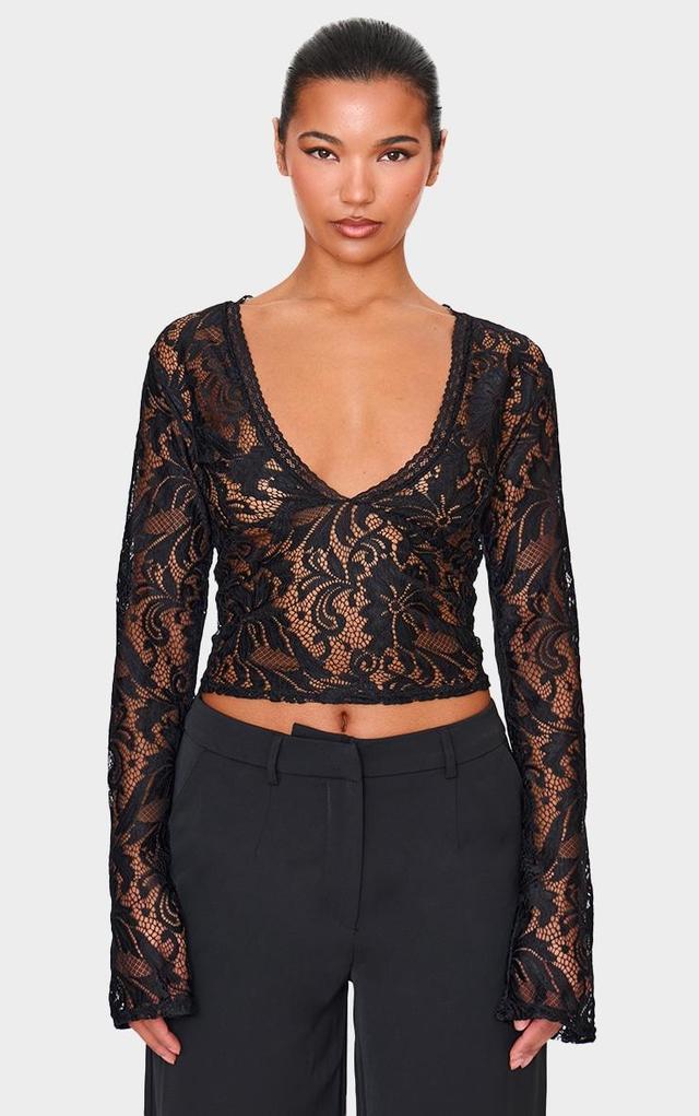 Black Lace Plunge Flared Sleeve Long Top Product Image