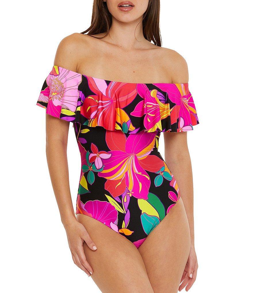 Trina Turk Solar Floral Print Off-the-Shoulder Ruffle One Piece Swimsuit Product Image