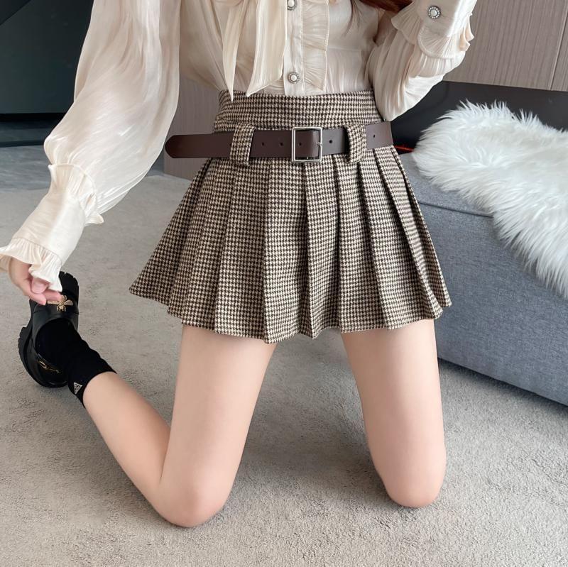 High Waist Houndstooth Pleated Mini A-Line Skirt Product Image