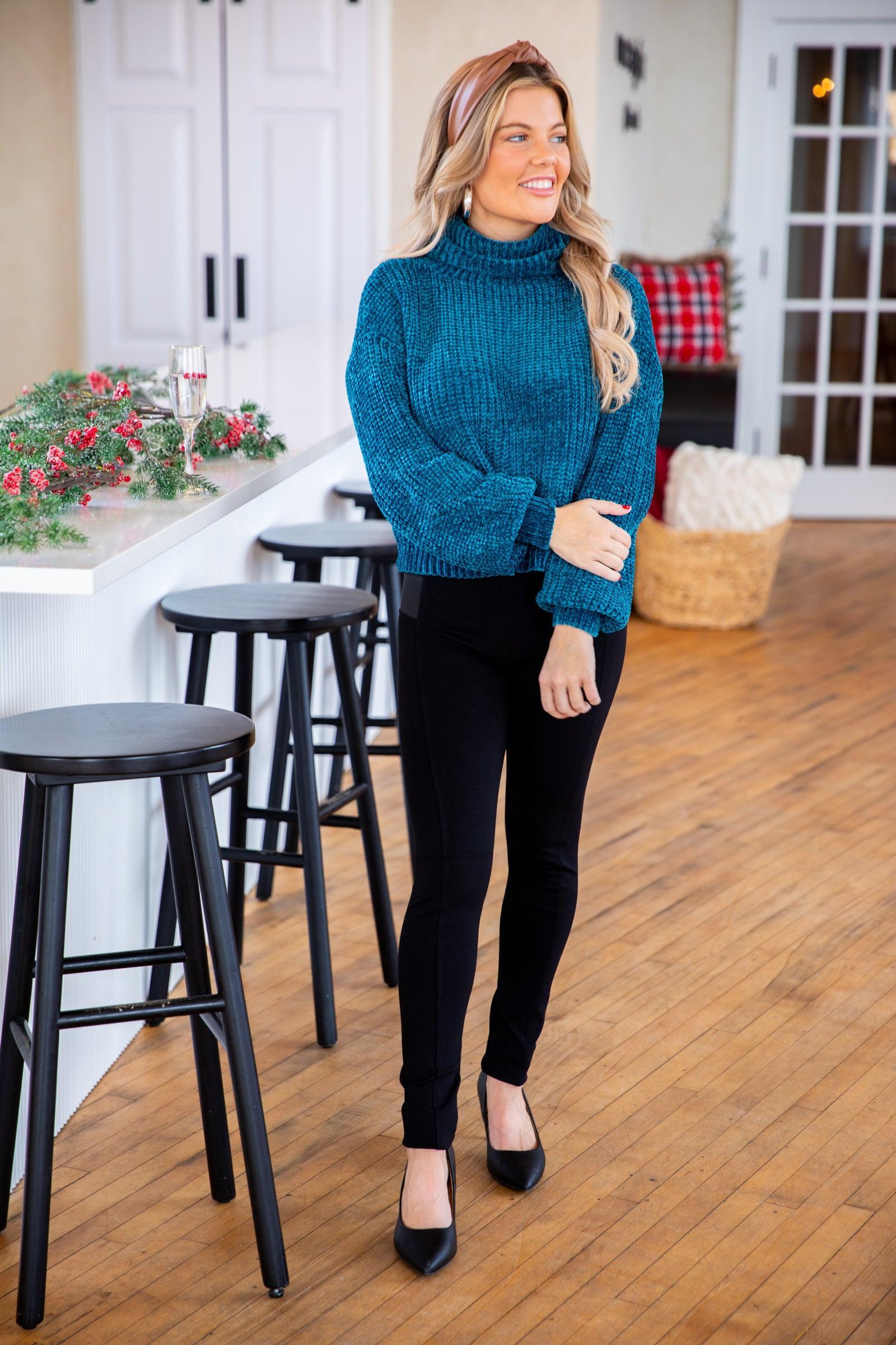 Teal Chenille Turtleneck Sweater Product Image