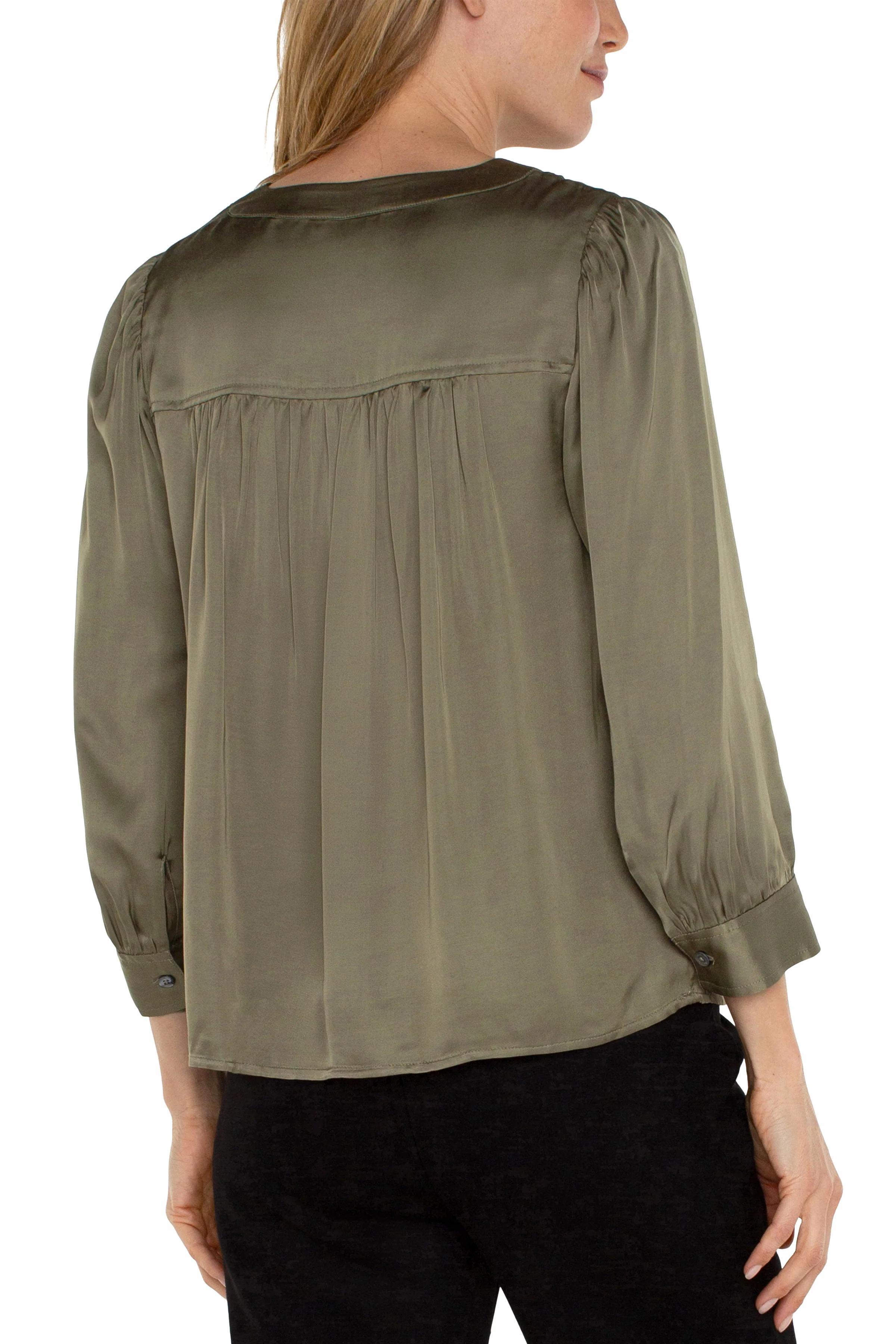 Long Sleeve Pleated Neck Woven Blouse Product Image