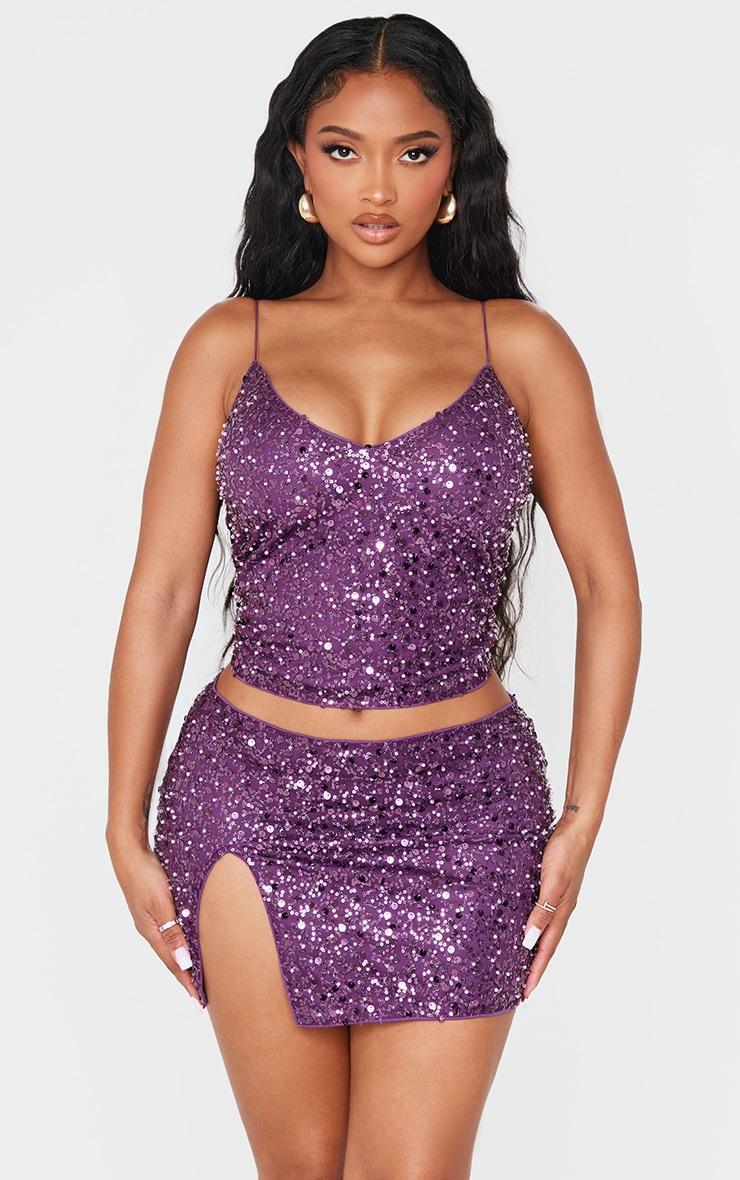 Shape Purple Pearl Sequin Low Rise Side Split Mini Skirt Product Image