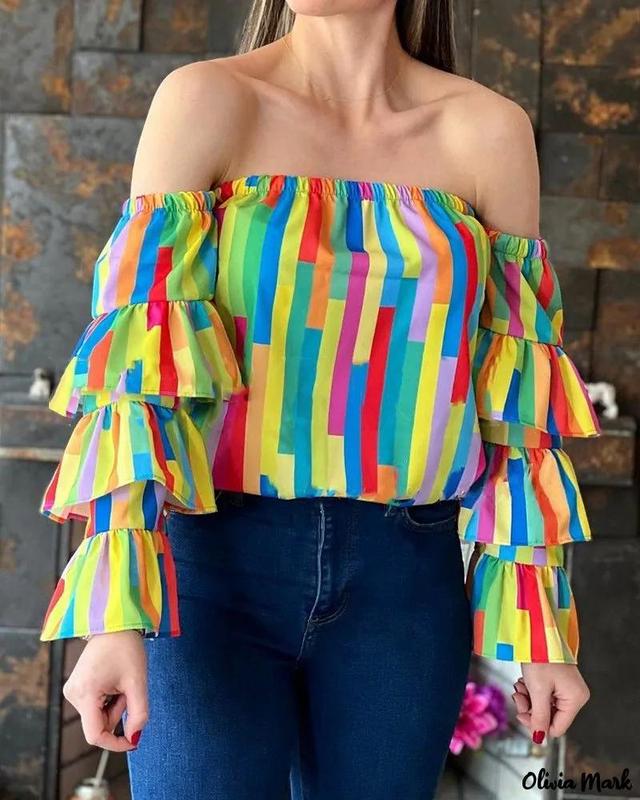 Olivia Mark – Off-Shoulder Layered Sleeve Blouse with Geometric Print Product Image