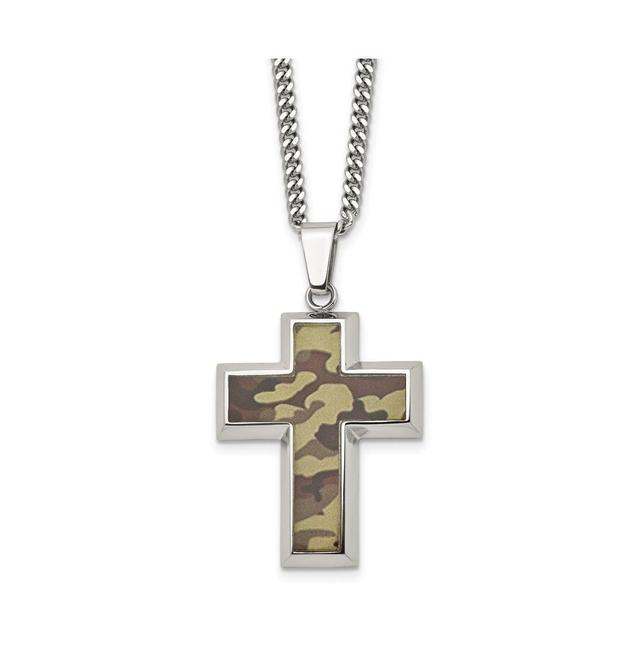 Chisel Printed Brown Camo Under Rubber Cross Pendant Curb Chain Necklace Product Image