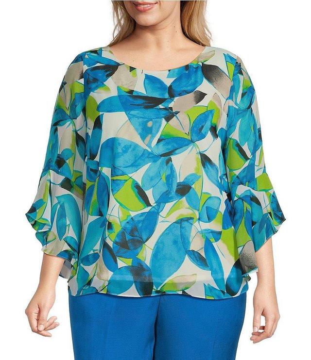 Kasper Plus Size Printed Crew Neckline Ruffle 3/4 Sleeve Blouse Product Image