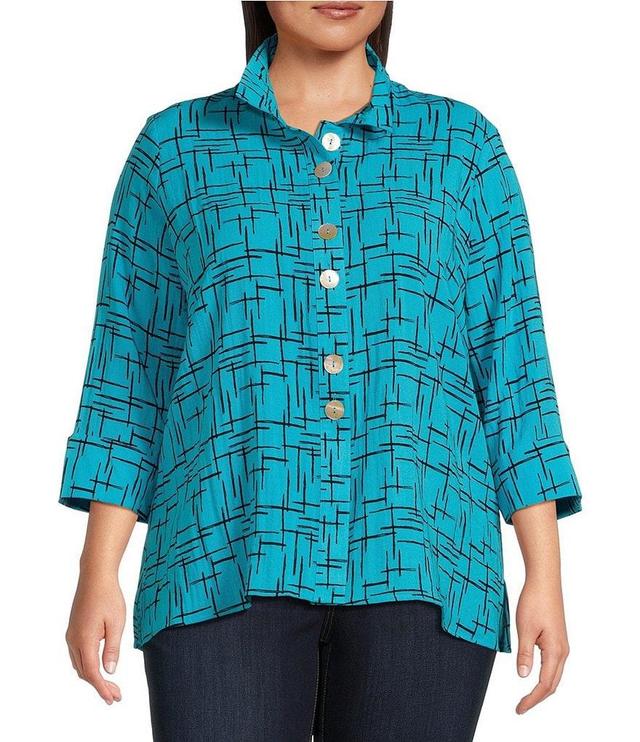 Ali Miles Plus Size Woven Crinkle Wire Collar 3/4 Sleeve Button-Front Tunic Product Image