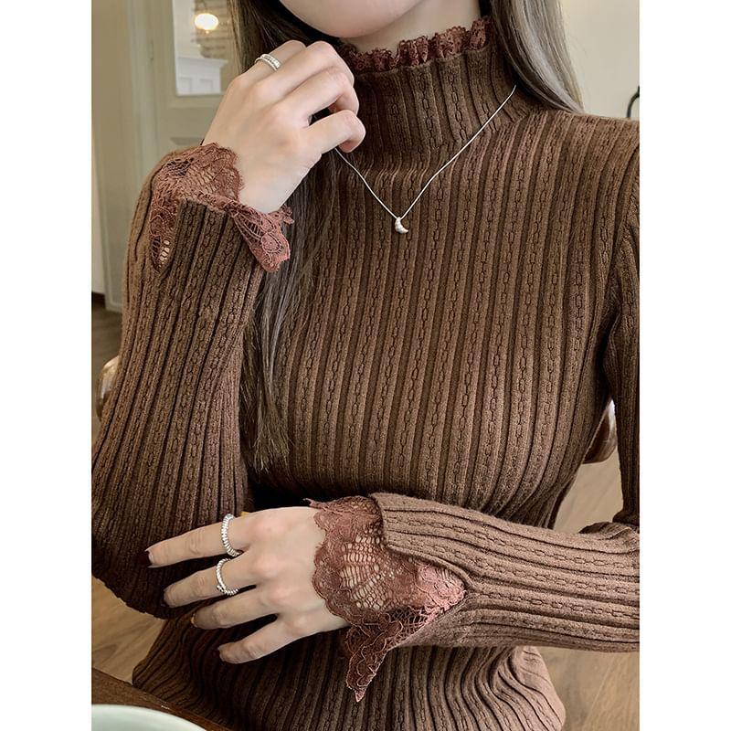 Turtleneck Plain Lace Trim Ribbed Sweater Product Image