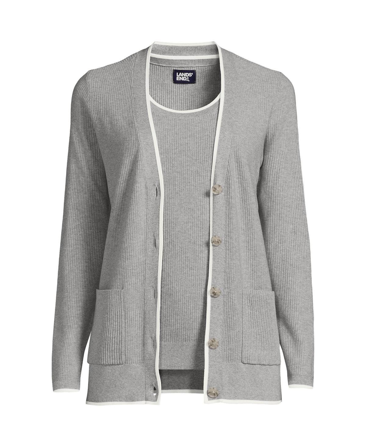 Womens Lands End Fine Gauge Cotton Cardigan & Tank Top Sweater Set Twlght Grey Ivory Product Image