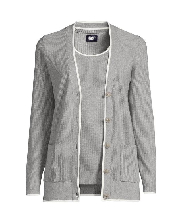 Lands End Womens Fine Gauge Cotton Cardigan and Tank Sweater Set - Gray heather Product Image