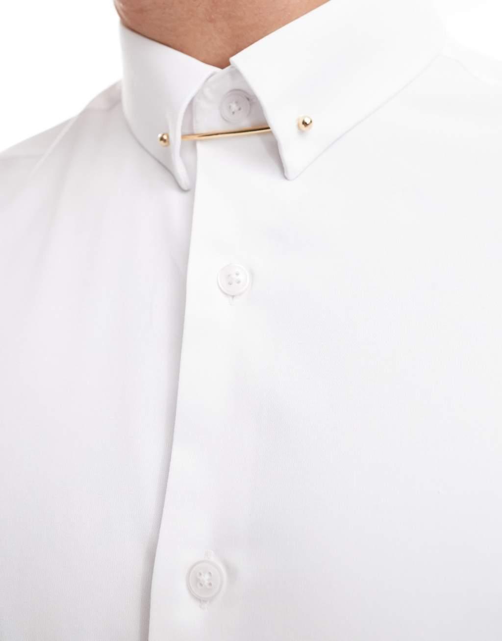 ASOS DESIGN slim shirt with collar bar detail in white Product Image