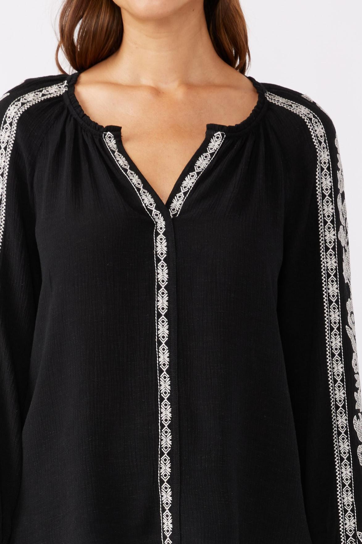 Embroidered Long Sleeve V-Split Neck Top Product Image