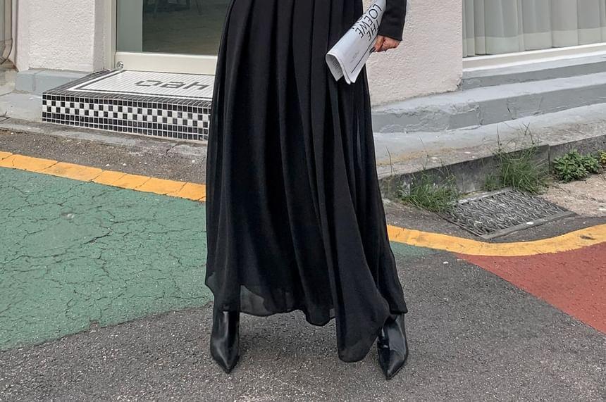 Set: Long-Sleeve See-Through Pleated Midi Dress + Belt Product Image