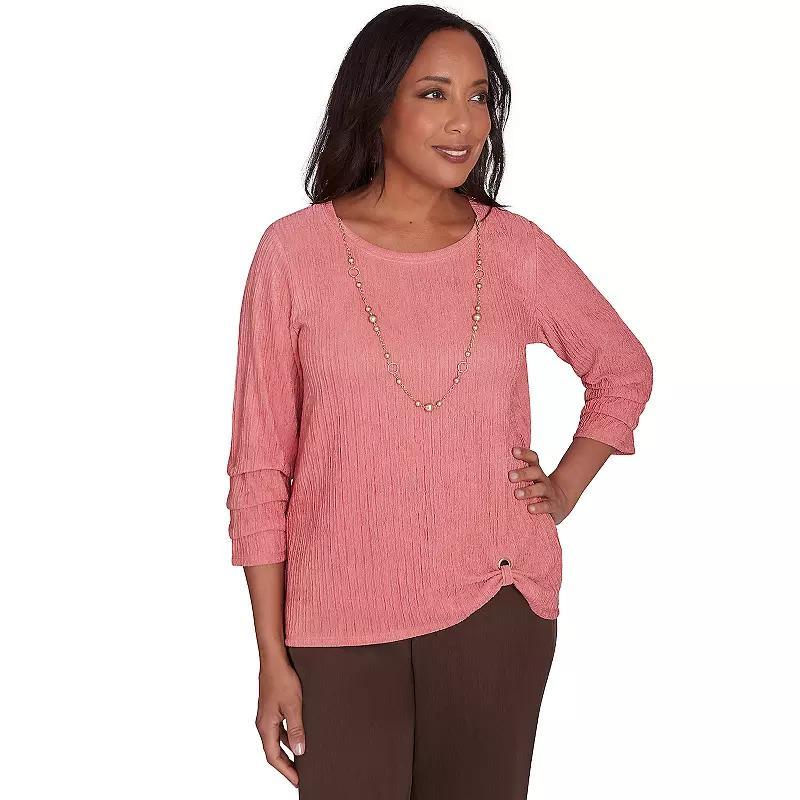 Womens Alfred Dunner Textured Novelty Sleeve Top with Detachable Necklace Pink Product Image