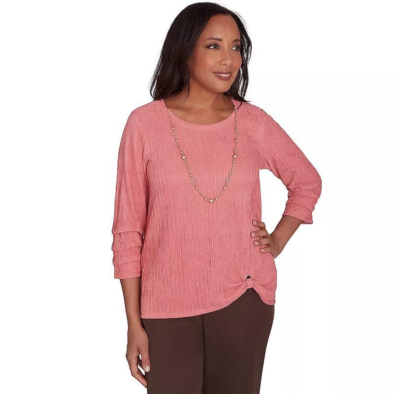 Womens Alfred Dunner Textured Novelty Sleeve Top with Detachable Necklace Pink Product Image