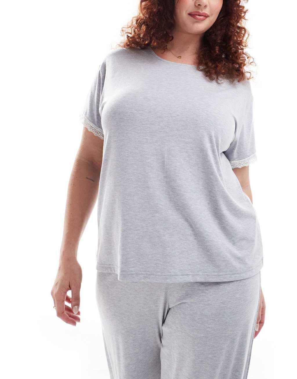 ASOS DESIGN Curve Exclusive super soft tee & pants pajama set in gray heather with lace trim  Product Image