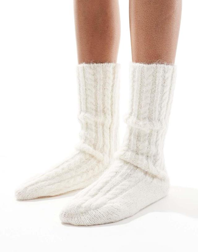 ASOS DESIGN chunky cable knit lounge socks in beige Product Image