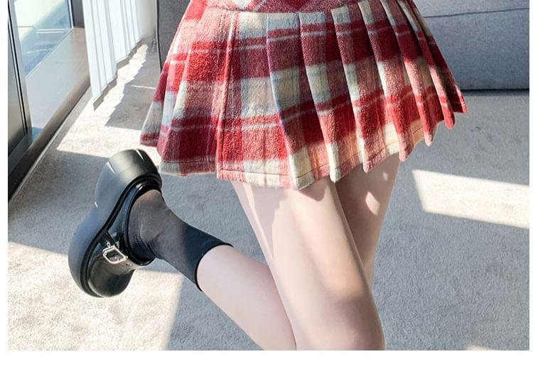 High Rise Plaid Slit Pleated Mini A-Line Skirt Product Image