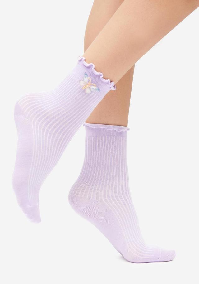 Ribbed Lettuce Edge Crew Socks With Butterfly - Purple Product Image