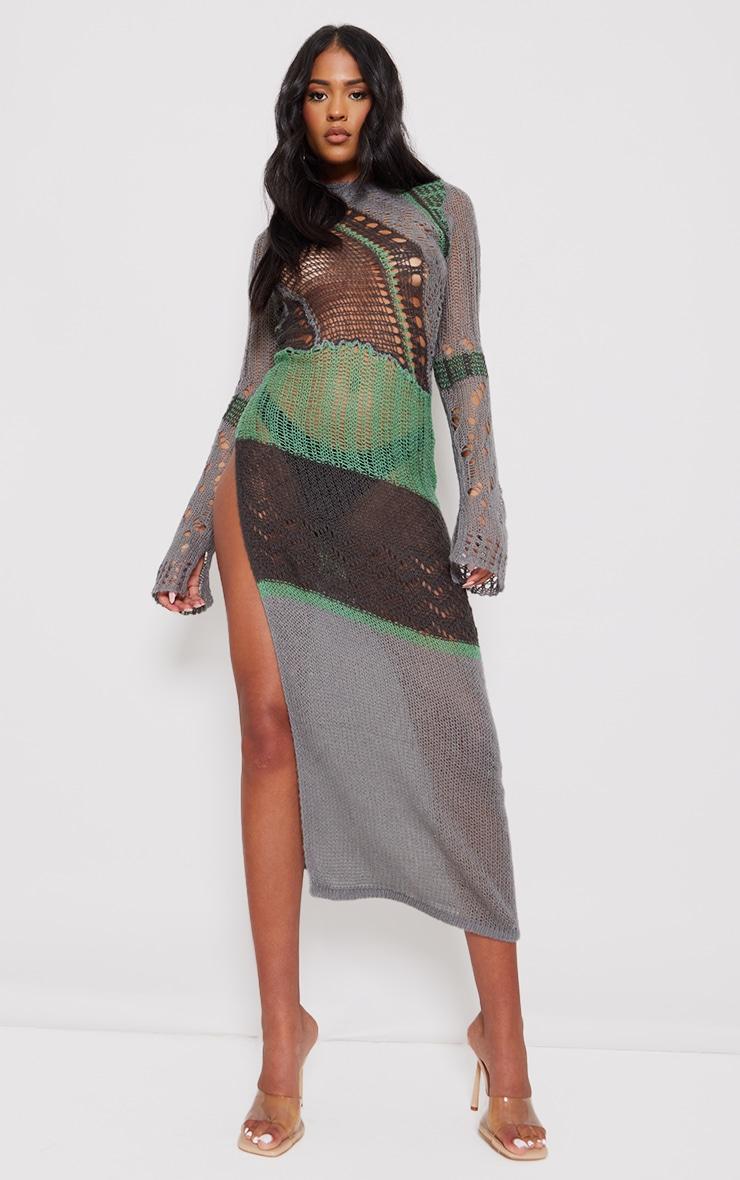 Tall Multi Open Knit Distressed Maxi Dress With Side Split Product Image