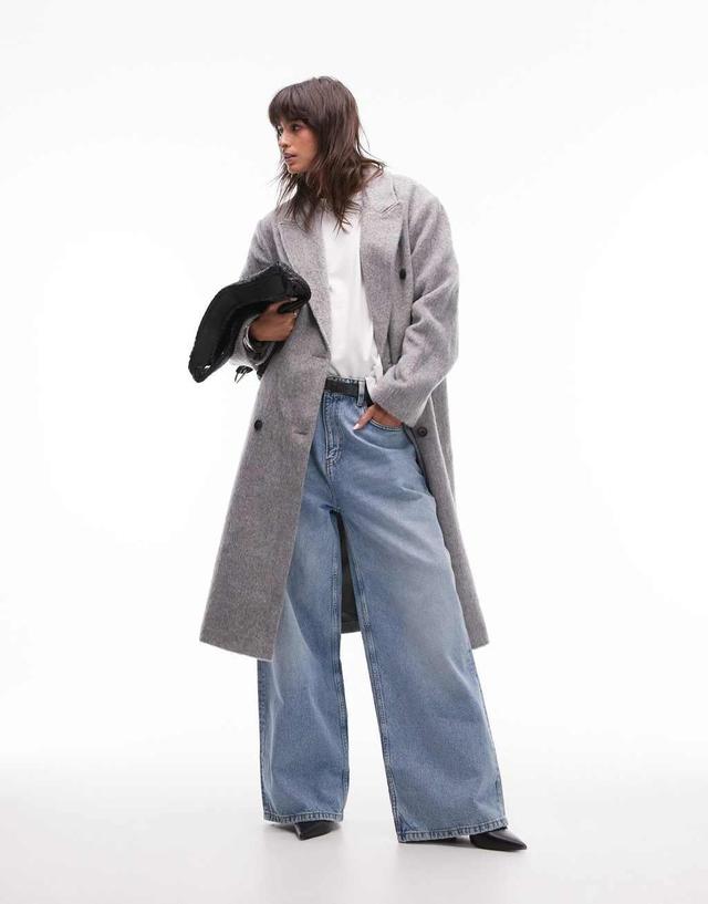 Topshop double breasted brushed coat in gray Product Image