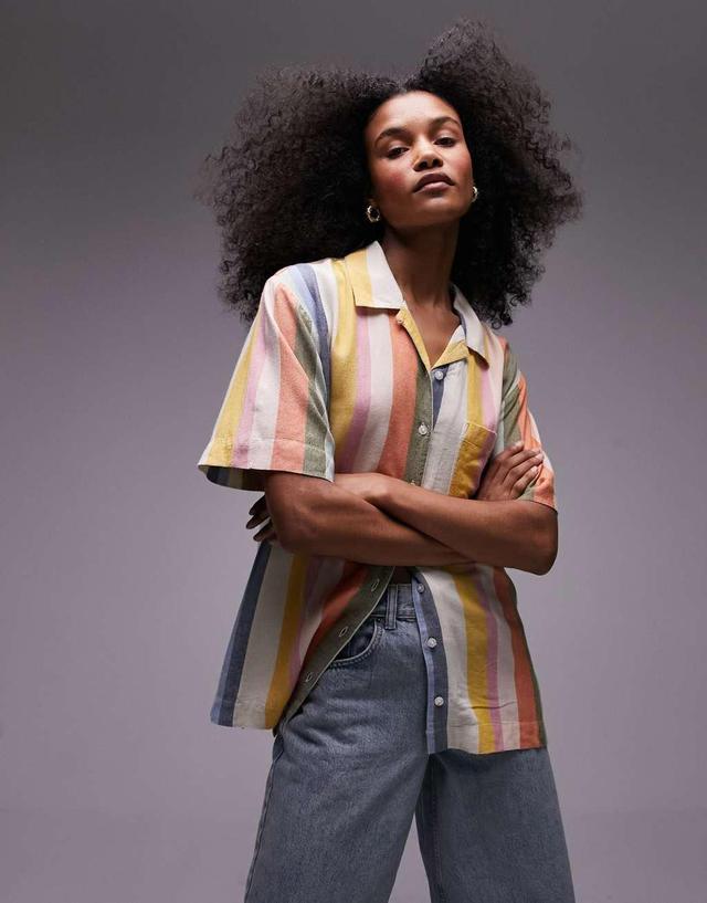 Topshop short sleeve slubby shirt in bright multi stripe Product Image