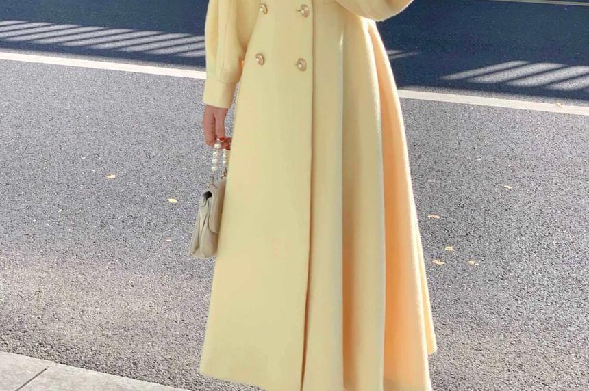 Shawl Collar Plain Midi Double Breasted Coat Product Image