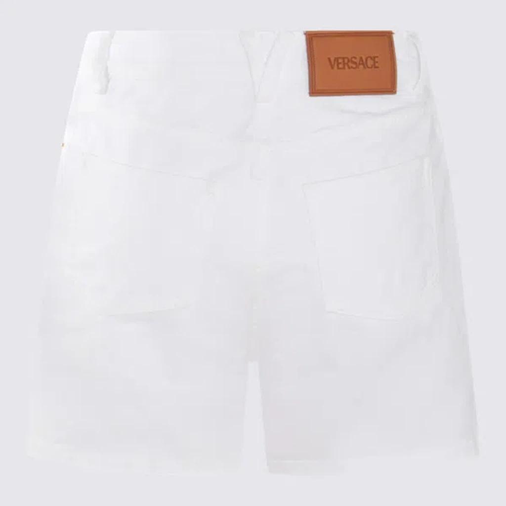 VERSACE Logo Patch Denim Shorts In White Product Image