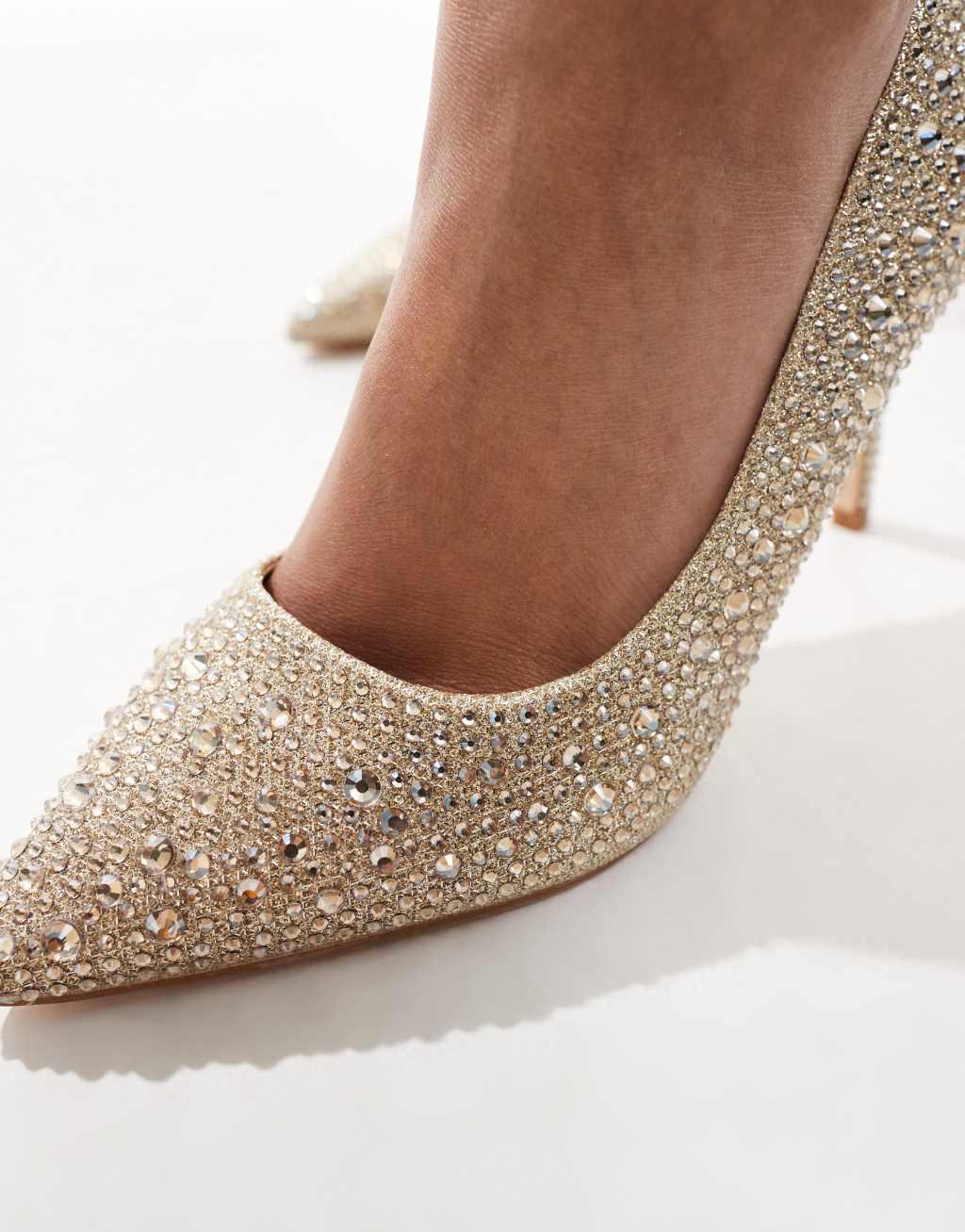 SEQWL Wide Fit pointed pumps with rhinestone embellishment in gold Product Image