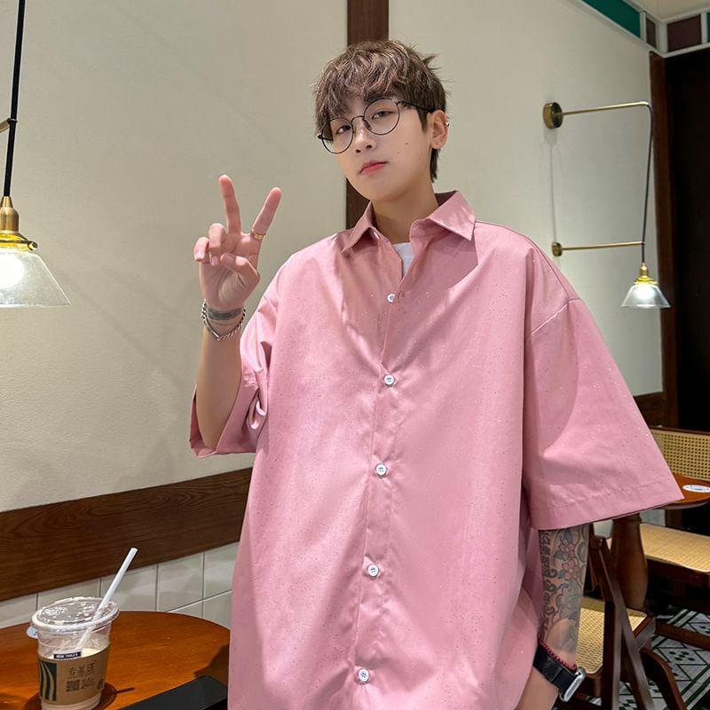 3/4-Sleeve Plain Glitter Button-Up Shirt Product Image