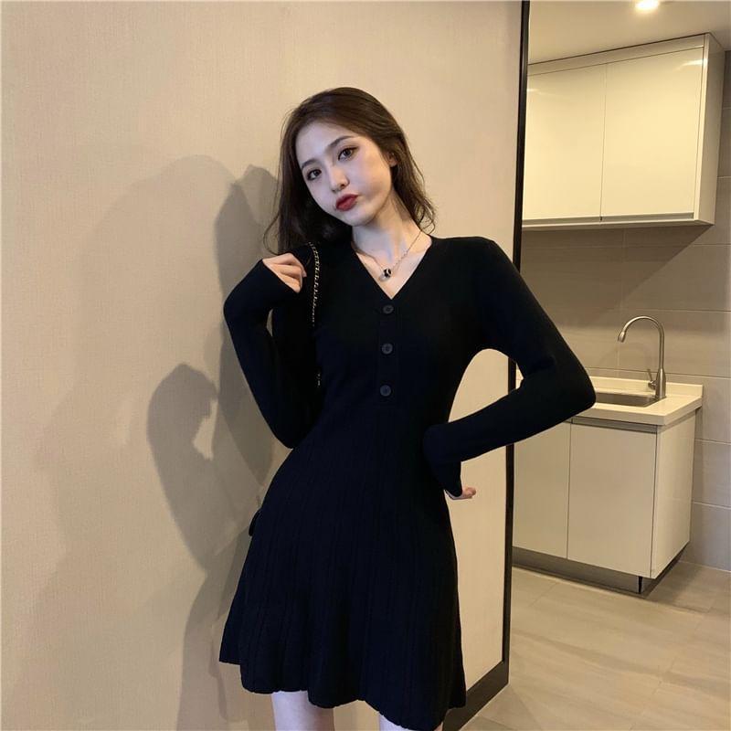 Long Sleeve V-Neck Plain Button Knit Mini A-Line Dress Product Image