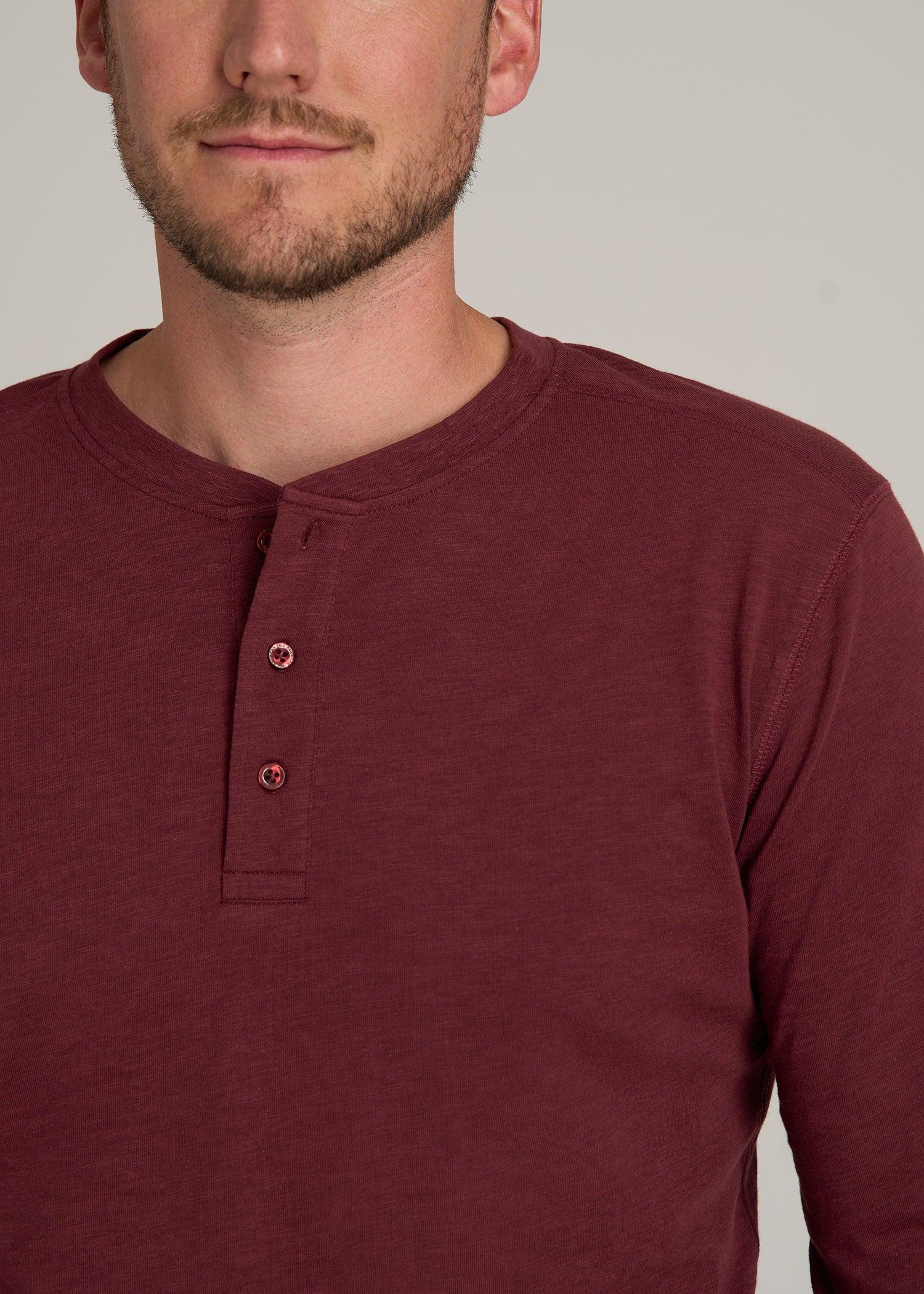 Men's Tall Three Button Long Sleeve Slub Henley in Red Ochre Male Product Image