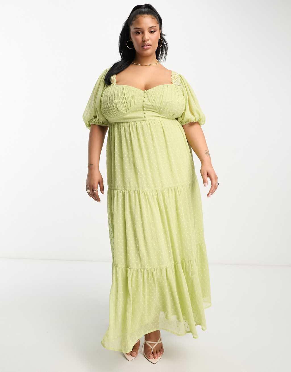 ASOS DESIGN Curve open back lace insert textured maxi tea dress in lime Product Image