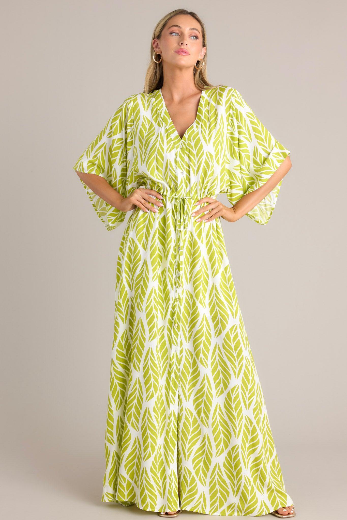 Sunset Palms Lime Green Tropical Print Button Front Maxi Dress Product Image