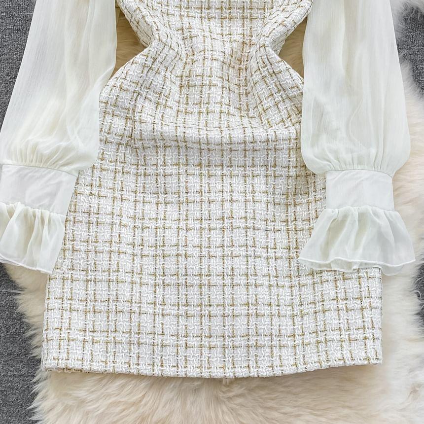 Puff-Sleeve Collar Plaid Mini Sheath Dress Product Image