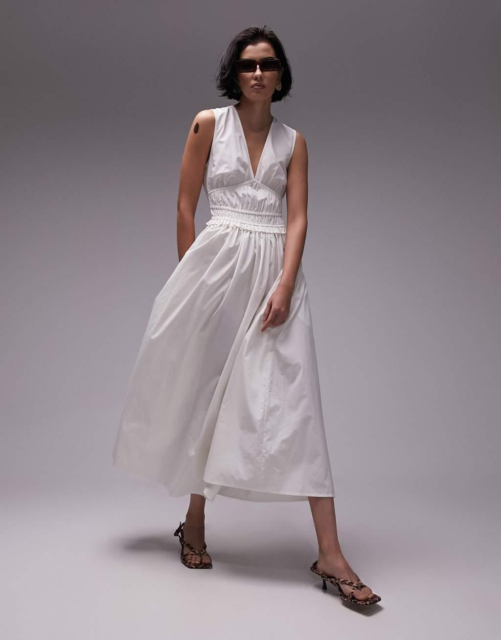 Topshop v neck channeled poplin midi dress in ivory Product Image