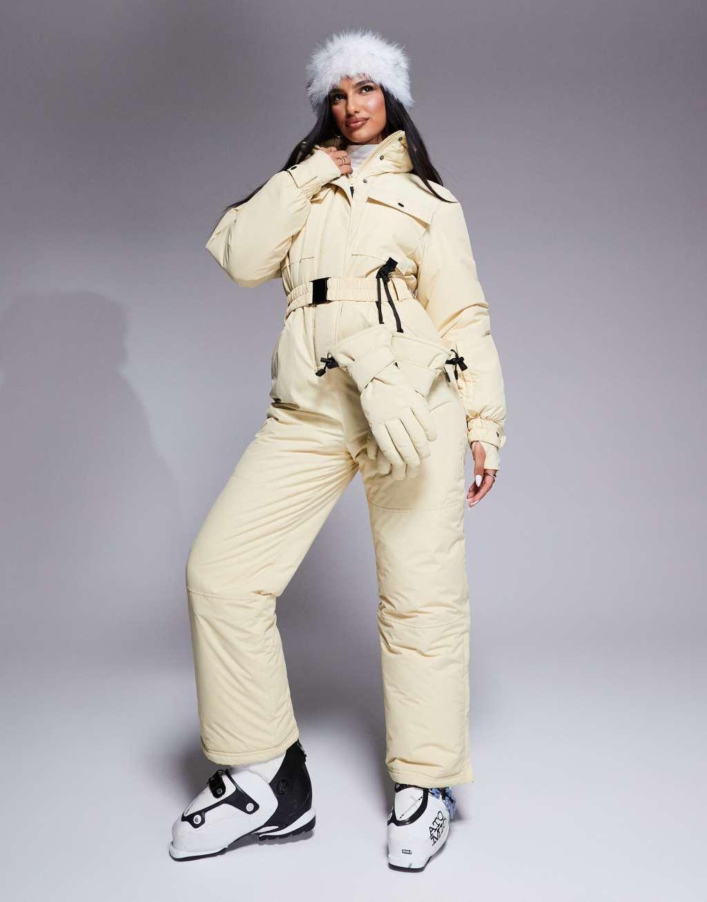 ASOS 4505 Ski retro belted ski suit with funnel neck in buttermilk Product Image