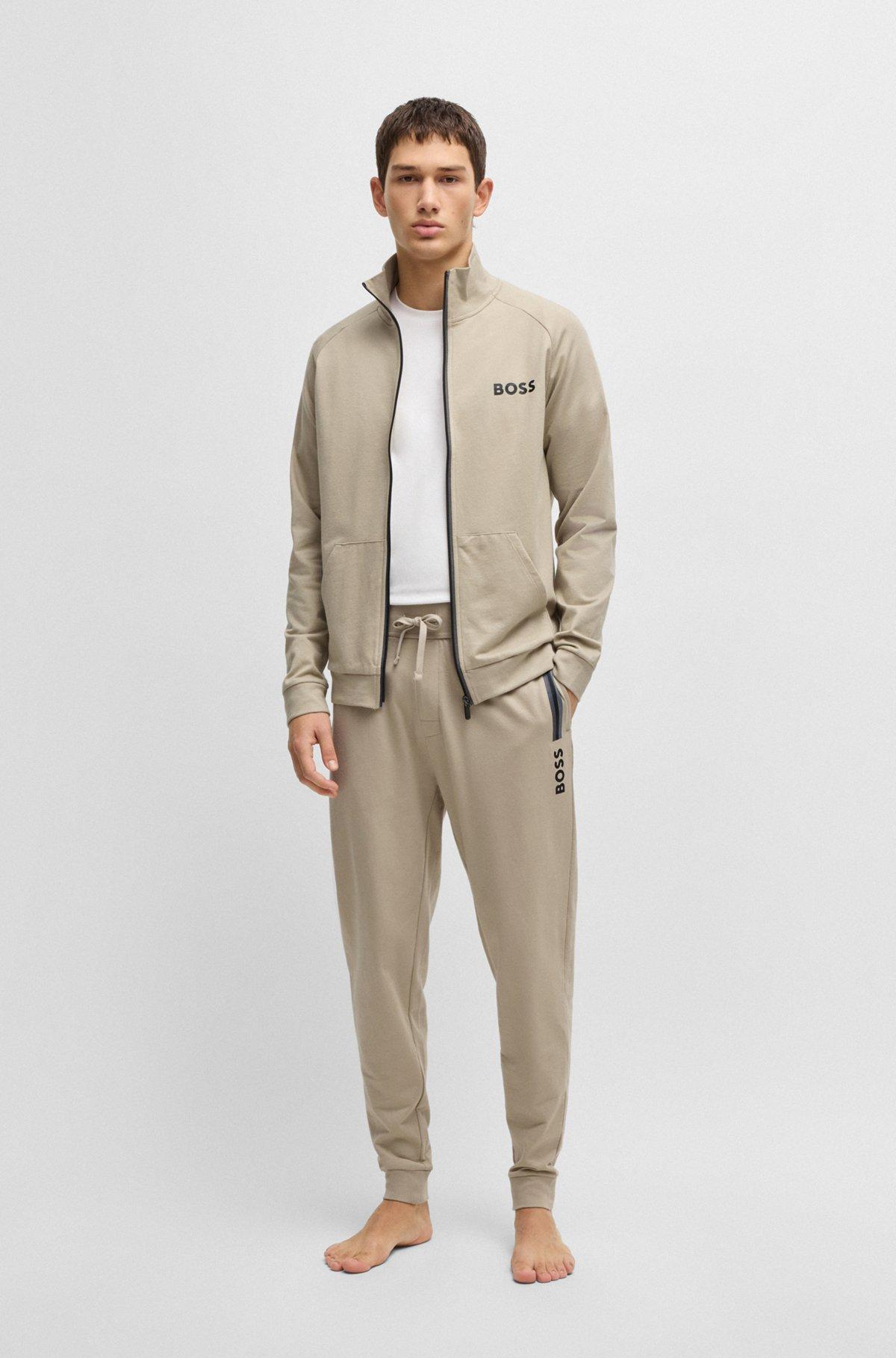 BOSS - Drawcord tracksuit bottoms in cotton terry with logo print - Light Beige Product Image